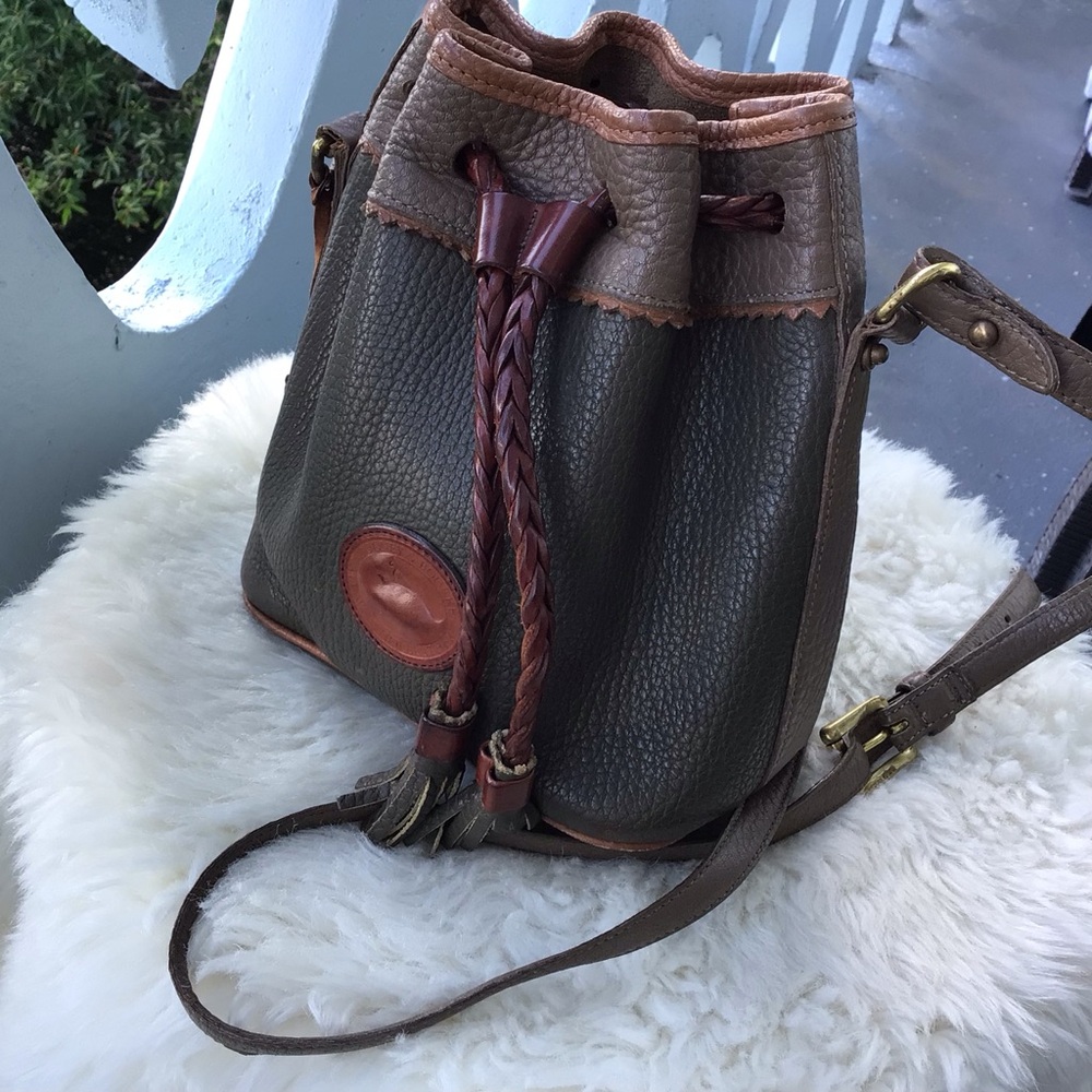 Vintage Dooney & Bourke All Weather Leather Olive and Brown Leather Bucket Bag